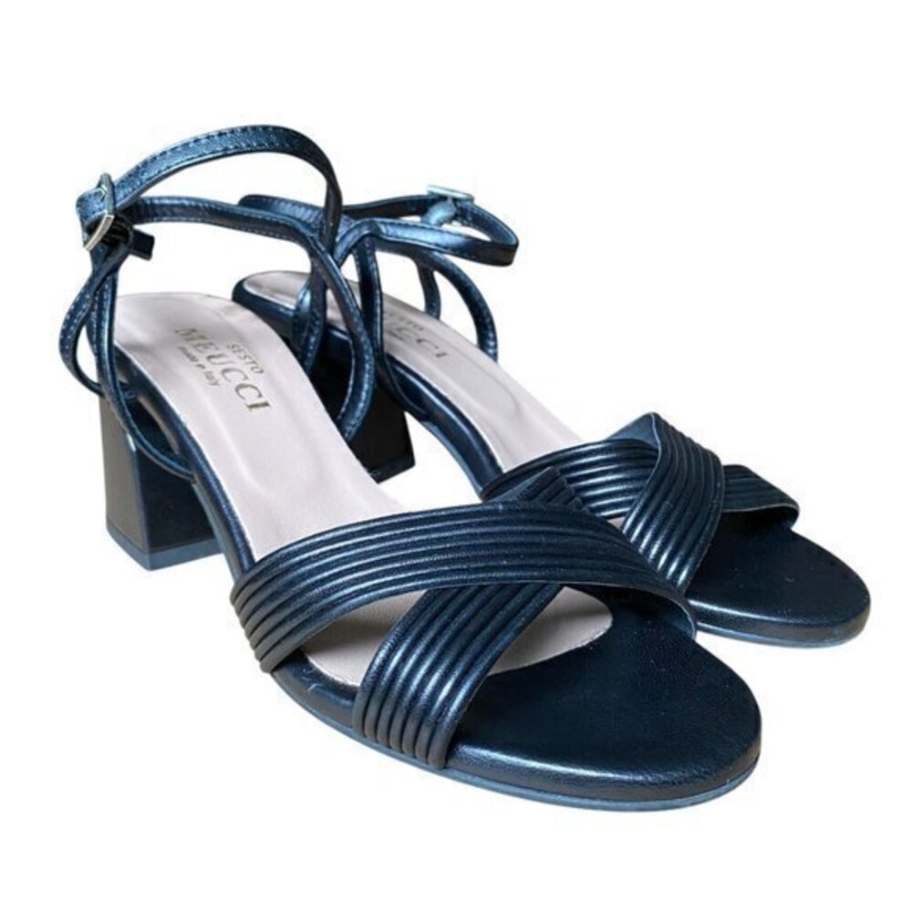 Sesto Meucci Afra - Black Leather Peep Toe Ankle Strap Sandal Block Heel - 8